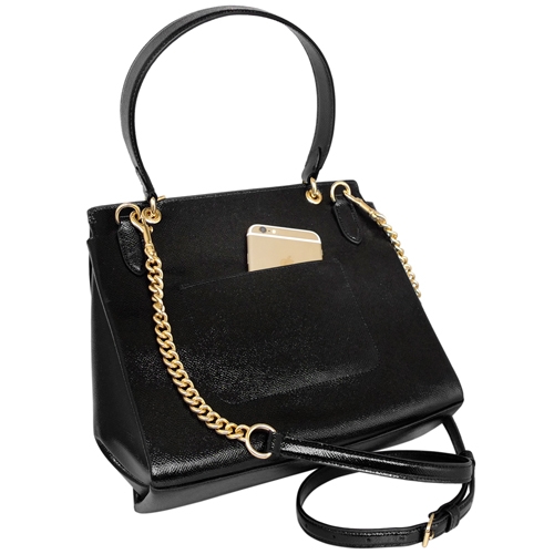 COACH黑色亮面漆皮圓珠鎖釦翻蓋中款肩背/斜背包