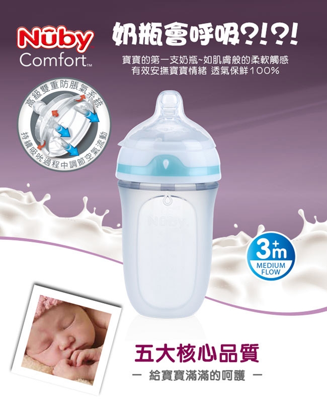 Nuby寬口徑防脹氣矽膠奶瓶250ml-360度滾珠吸管+Nuby全矽膠櫻桃型奶嘴0-6m