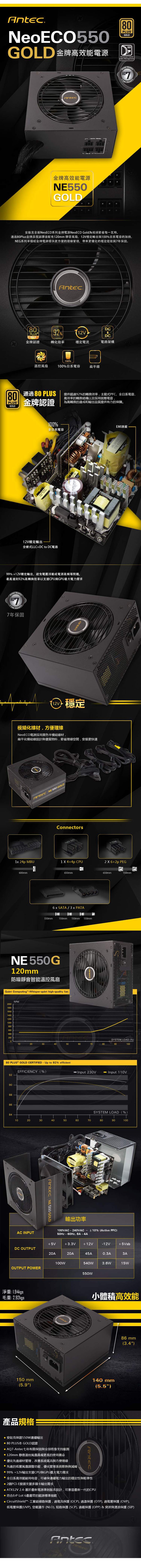 Antec 安鈦克 NE550G 550W 80 PLUS 金牌 半模組化 電源供應器