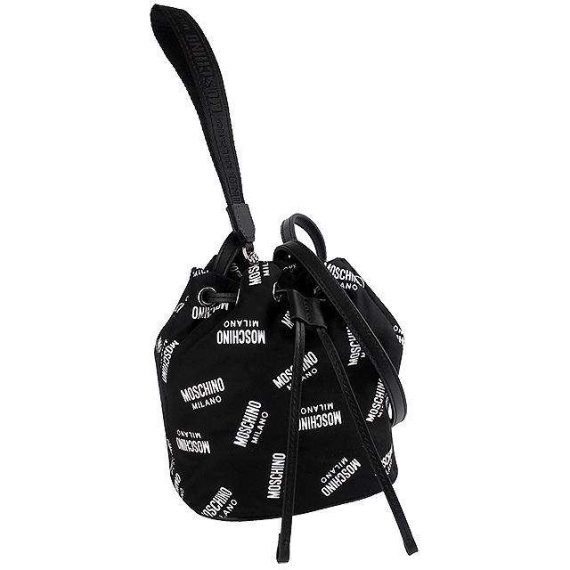 MOSCHINO 黑色印花尼龍皮飾邊手拿/水桶包(迷你)