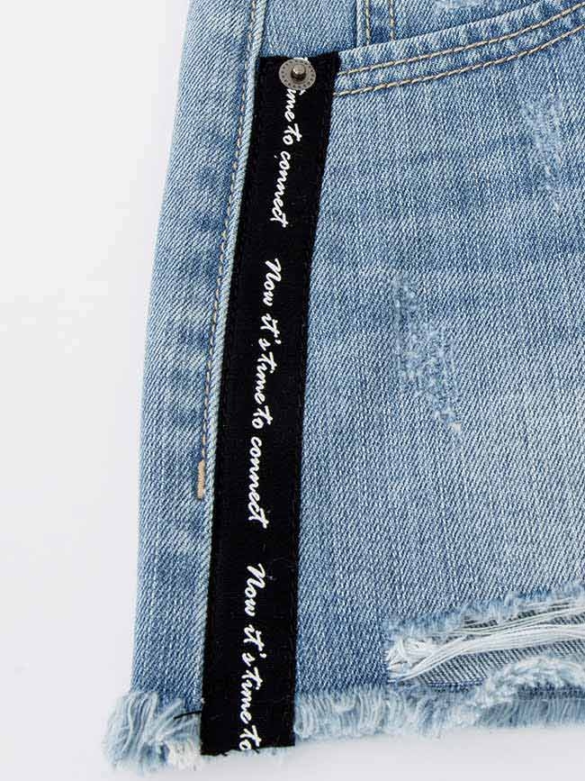H:CONNECT 韓國品牌 女裝-織帶滾邊破損牛仔短褲-藍