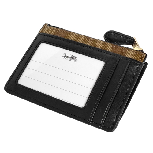 COACH卡其C Logo黑色真皮後卡夾鑰匙零錢包