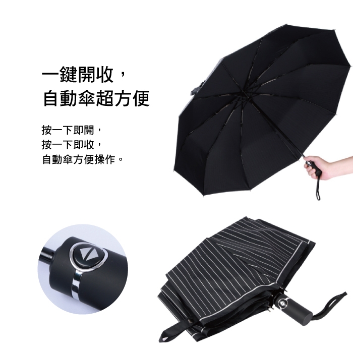 生活良品 10骨一甩即乾自動摺疊雨傘-條紋黑色(超大傘面 贈同色收納袋)