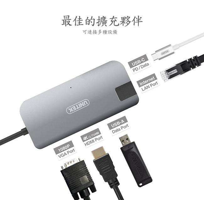 UNITEK Type-C 轉HDMI/ VGA//PD充電USB 3.1多功能集線器