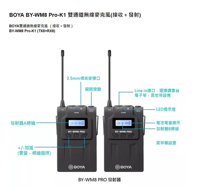 BOYA 博雅 BY-WM8 Pro-K1雙通道無線麥克風(接收＋發射)(公司貨)