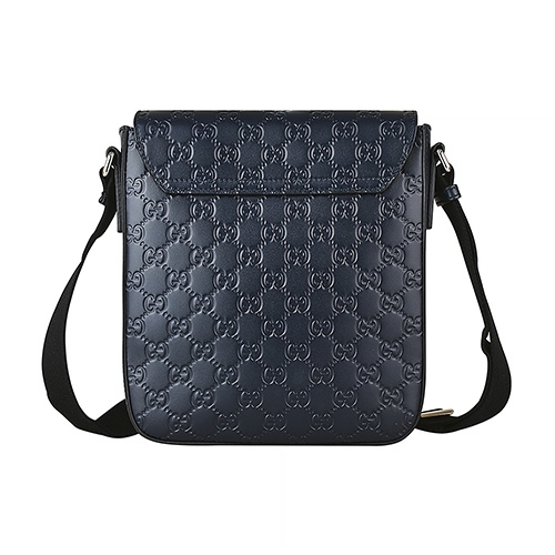 GUCCI SIGNATURE經典雙G LOGO牛皮扣式翻蓋斜背包(午夜藍)