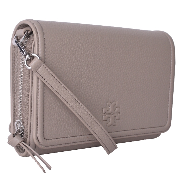 TORY BURCH THEA雙層掀蓋式經典縫線LOGO手拿/斜背包-大象灰