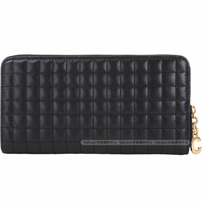 CELINE C Charm 格紋襯芯小牛皮拉鍊長夾(黑色)