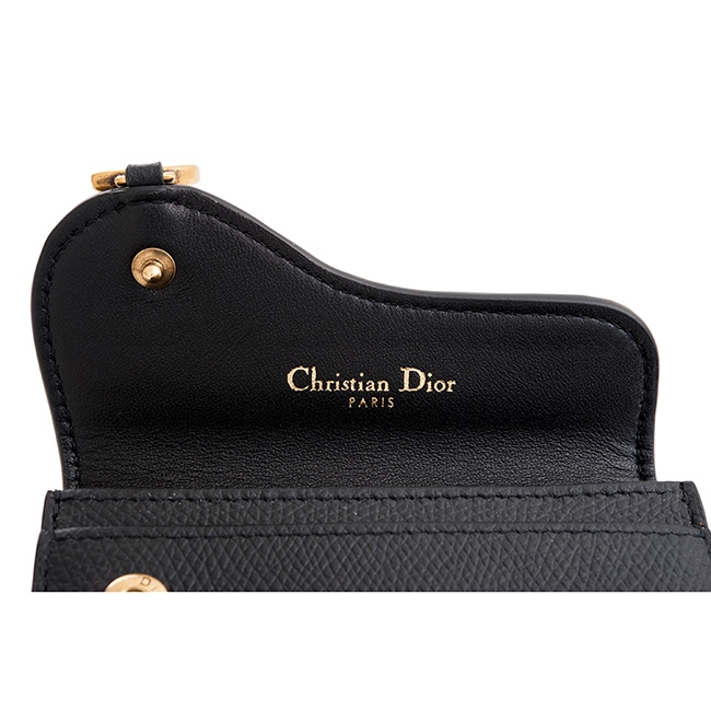 DIOR 新款SADDLE頂級小牛皮D釦金屬翻蓋式卡夾 (黑色)