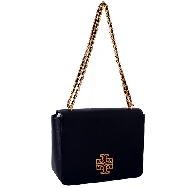 TORY BURCH BRITTEN 經典LOGO掀蓋式全皮革鍊帶肩背/斜背包-時尚黑