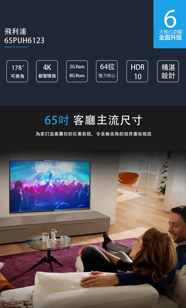 PHILIPS飛利浦 65吋 4K UHD聯網液晶顯示器+視訊盒 65PUH6123