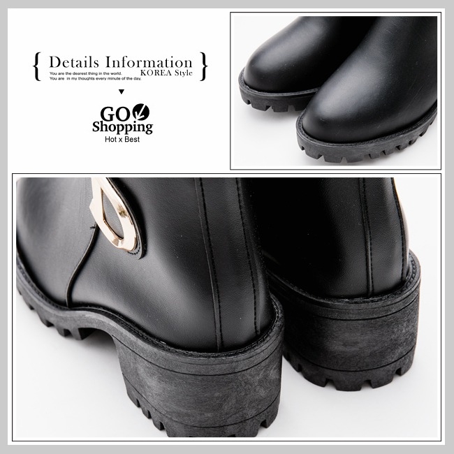 River&Moon短靴-造型D金扣側V粗跟短靴-黑