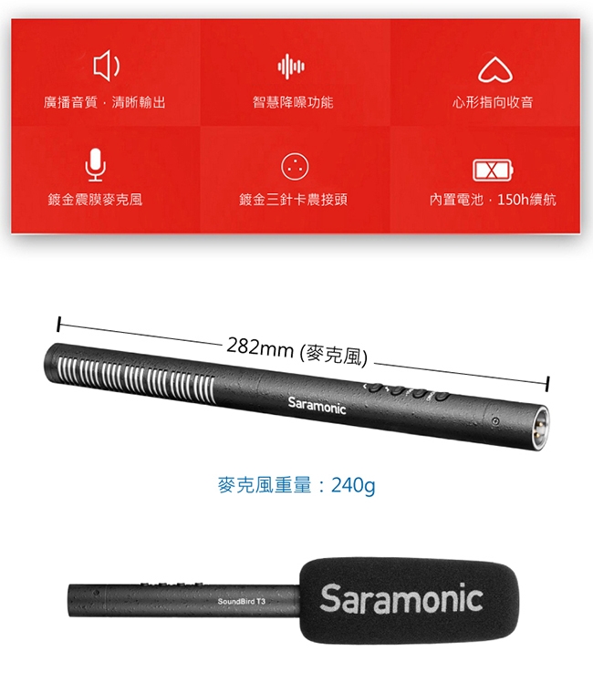 Saramonic楓笛 SoundBird T3 心型指向式XLR槍型麥克風