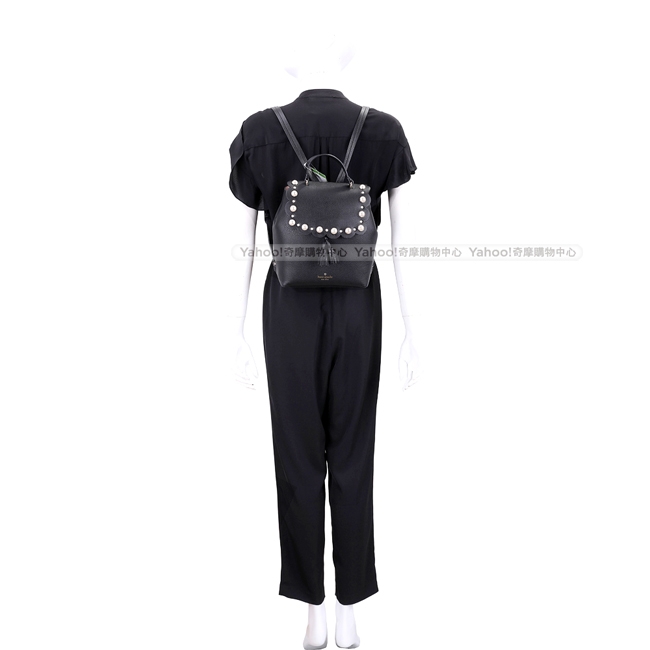 Kate Spade teba 珍珠花瓣邊牛皮流蘇後背包(黑色)