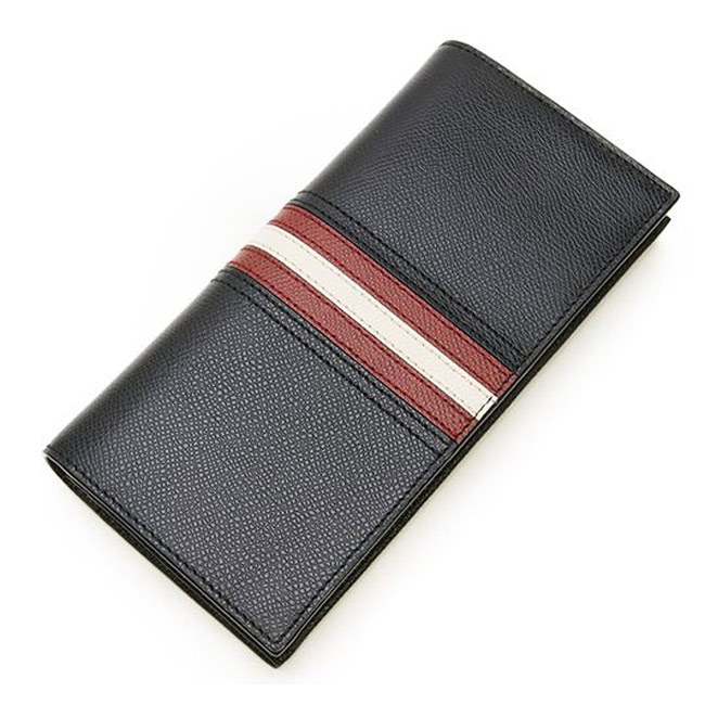 BALLY字母LOGO 紅白條紋 防刮牛皮長夾 (經典黑)