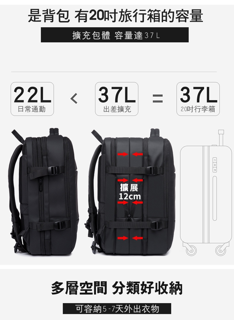 leaper大容量可加大三隔層USB充電商務旅行電腦後背包 黑色