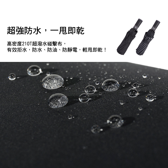 生活良品 10骨一甩即乾自動摺疊雨傘-條紋黑色(超大傘面 贈同色收納袋)