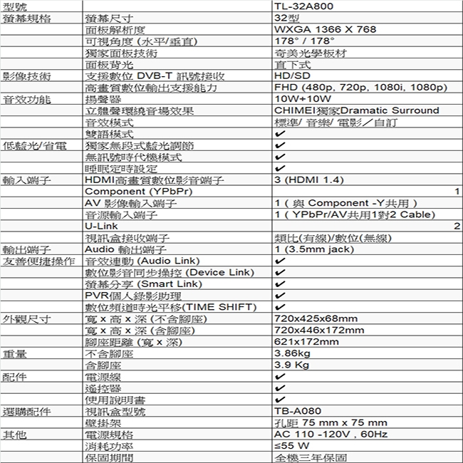 CHIMEI奇美32吋低藍光電視 TL-32A800 另有特價 HD-32DF5CA HF-32EA3 HS-40DA1