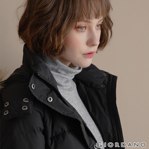 GIORDANO 女裝素色可拆式連帽羽絨外套 - 01 標誌黑