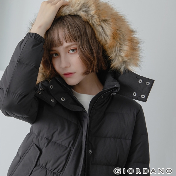 GIORDANO 女裝素色可拆式連帽羽絨外套 - 01 標誌黑