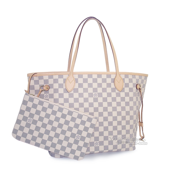 LV N41361 Damier Neverfull MM 白色棋盤格肩背購物包(中)