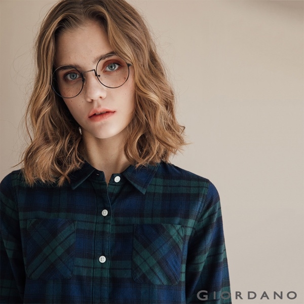 GIORDANO 女裝法蘭絨溫暖磨毛長袖襯衫-28 寶藍/綠格紋