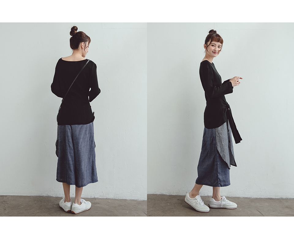 【MOSS CLUB】假兩件式直條紋-裙褲(黑)