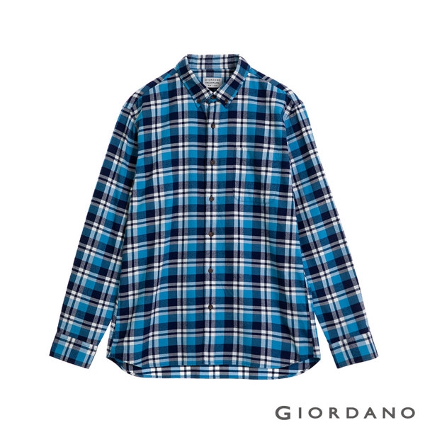 GIORDANO 男裝法蘭絨溫暖磨毛長袖襯衫-23 寶藍/藍/白格紋