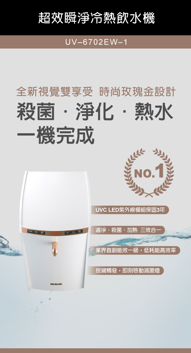 賀眾牌INSTA UVC LED 超效瞬淨冷熱飲水機UV-6702EW-1 天使白