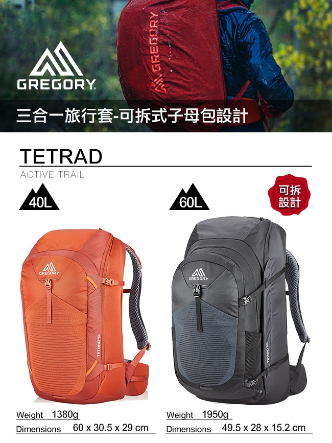 Gregory 60L TETRAD 旅行背包 像素黑