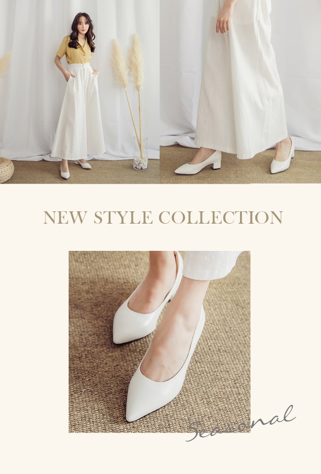 Ann’S好穿-復古皮革沙發後跟低跟尖頭鞋-白