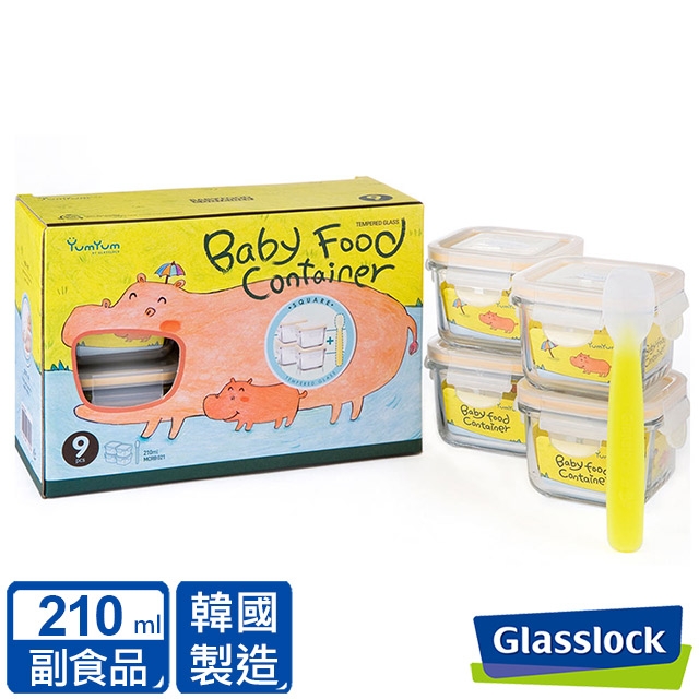 Glasslock YumYum 強化玻璃副食品保鮮盒4入組(附矽膠匙)-方形210ml