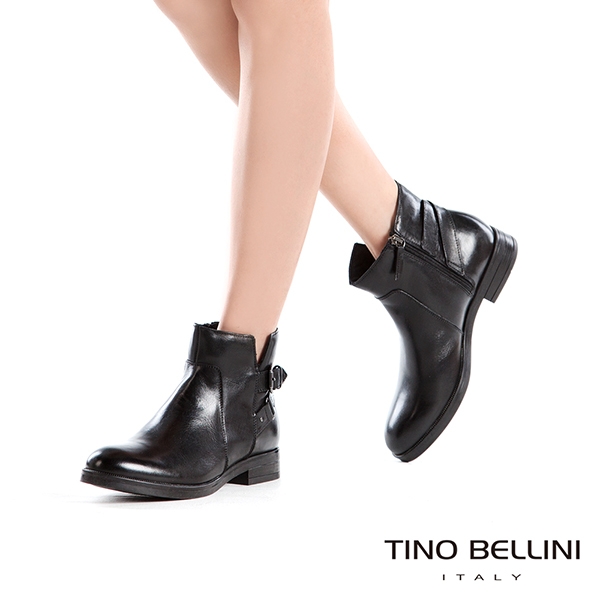 Tino Bellini雙皮帶全真皮低跟短踝靴_黑