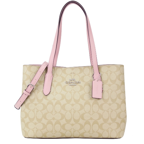 COACH AVENUE 經典緹花LOGO三層肩背/斜背兩用包(卡其康乃馨粉)