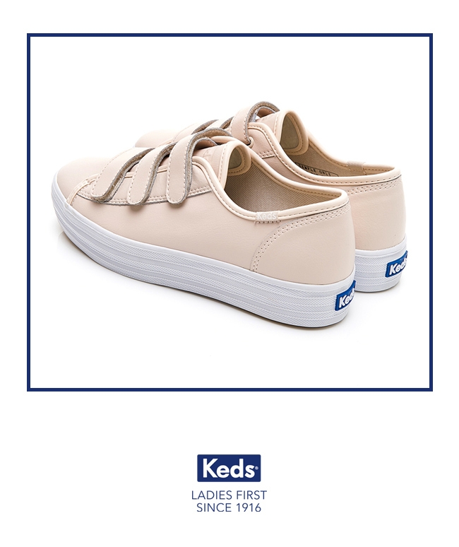 Keds TRIPLE KICK 時尚皮革厚底魔鬼氈休閒鞋-膚粉