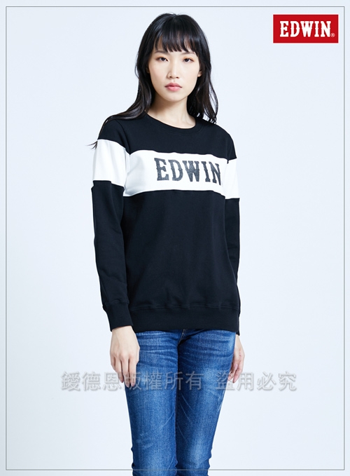 買一送一 EDWIN 剪接配色 厚長袖T恤-中性-黑色