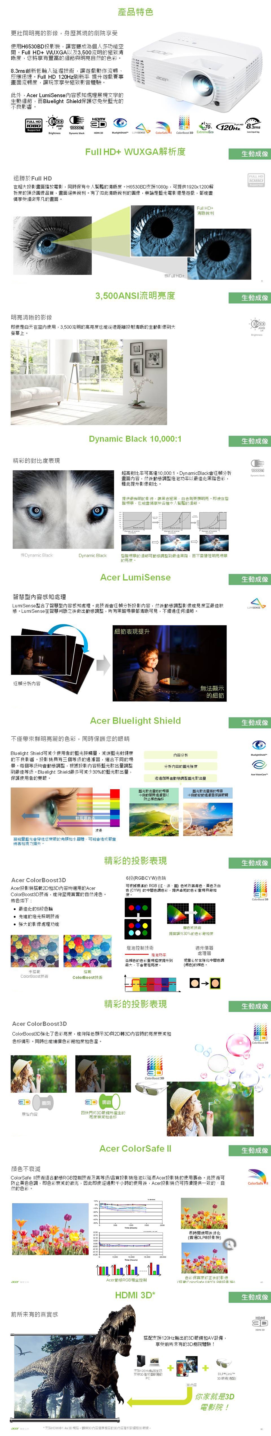 Acer H6530BD WUXGA 高亮護眼專業娛樂投影機 (3500流明)