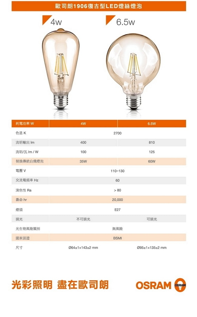 歐司朗OSRAM 復古型6.5W LED調光型燈絲燈泡-120V E27
