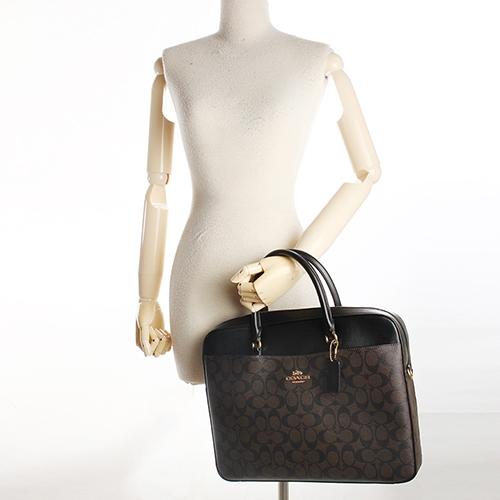 COACH 經典馬車雙C標誌PVC拼接皮革公事包-深咖啡/黑