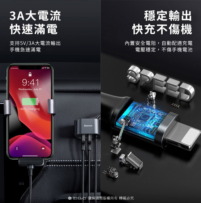 Baseus轎車休旅車後座專用充電線(150cm)USB轉iphone+2USB輸出