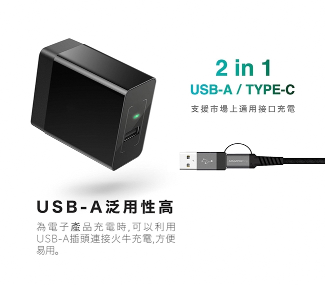 AMAZINGthing 2in1 Type C急速充電極耐用數據轉輸線