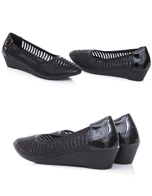 TAS異材質拼接透膚水鑽楔型娃娃鞋-閃耀黑