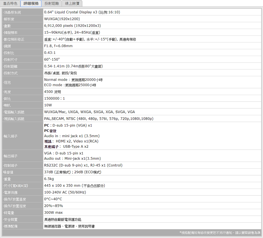 ROLY RL-S450U WUXGA 4500流明 雷射短焦液晶投影機