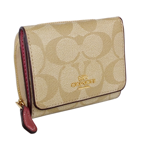 COACH淺卡C Logo釦式三摺零錢袋小短夾