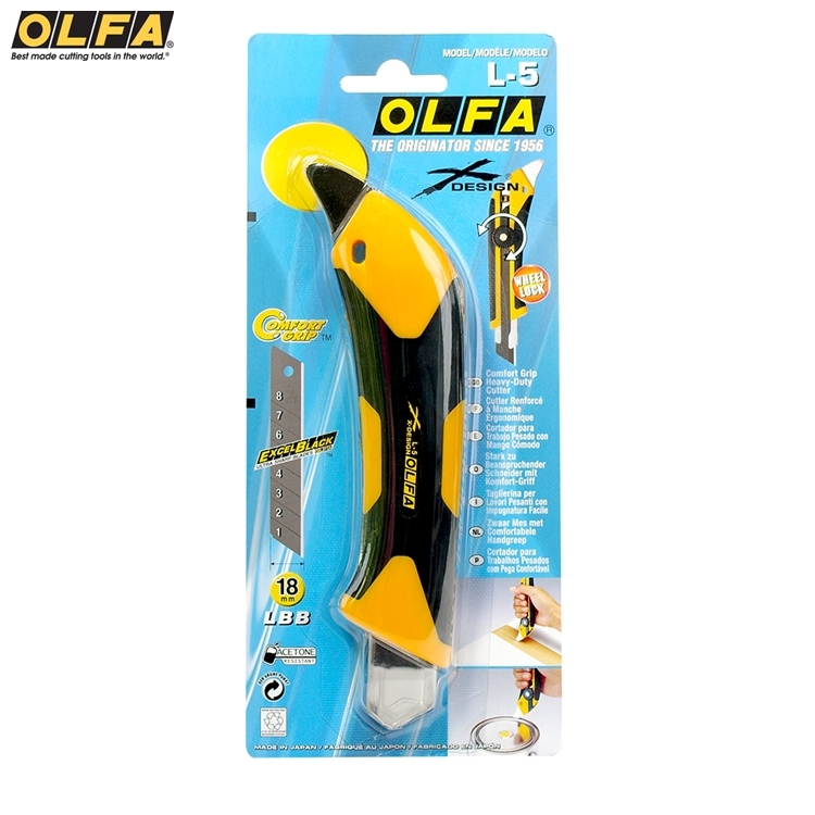 OLFABest made cutting  in the world MODELMODELOL5OLFA®THE ORIGATOR SINCE 1956DESIGNWHEEL86 BLACK318mmLBBACETONEComfort GripHeavyDutyCutterCutter RenforcéMancheErgonomiqueCortador paraTrabajo Pesado Mango Cómodo Beanspruchender mit- per Pesanti con   metComfortabeleHgreepCortador para Pesados  MADE IN   / and