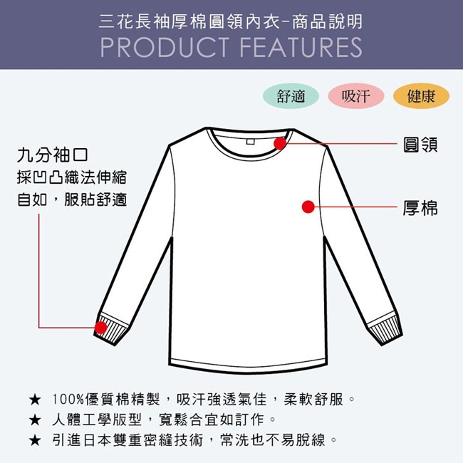 男內衣.衛生衣 三花SunFlower男長袖內衣(厚棉圓領)(2件)_白