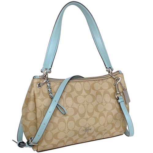 COACH Mia淺卡C Logo藍邊真皮小款肩背/斜背包