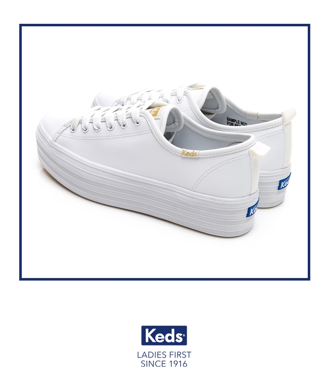 Keds TRIPLE UP 小心機厚底皮革綁帶休閒鞋-白