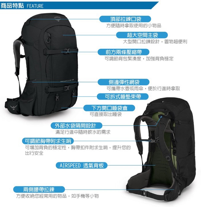 OSPREY 新款 Farpoint Trek Pack 55L 多功能自助旅行包_黑 R