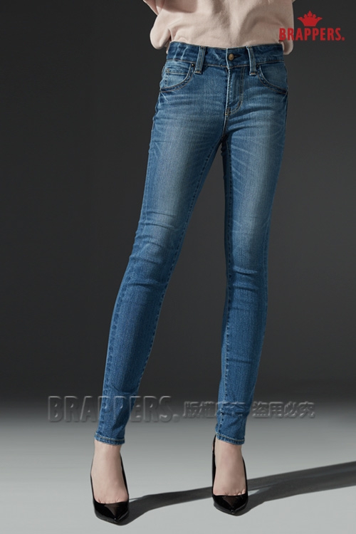 BRAPPERS 女款 新美腳ROYAL系列-中腰彈性黃色牛角刺繡鑲鑽窄管褲-藍